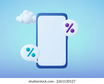 Sale 3d smartphone template with speech bubbles and cloud. Online mobile discount, digital marketing vector realistic plasticine concept