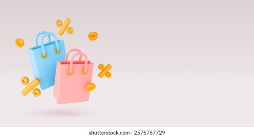Sale 3D vector banner. Blue and pink shopping bags with flying gold percent and golden coins around. Special sale present, loyalty program customer flayer. Realistic vector poster for sale, discount