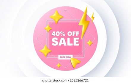 Sale 40 percent off discount. Neumorphic promotion banner. Promotion price offer sign. Retail badge symbol. Sale message. 3d stars with energy thunderbolt. Vector