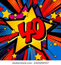 Venta. - 40%. Fondo cómico vivo con rayos y estrellas. Ilustración del vector