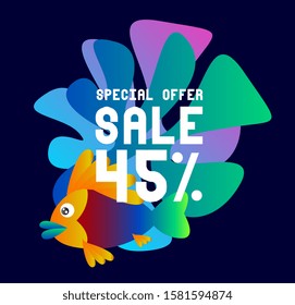 sale 45%, beautiful greeting card background or template banner with colorful ocean theme. design vector illustration