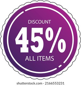 Sale - 45% discount all items percents. Modern sale baner. Limited offer. Template with sale. Vector graphic. Discount banner promotion template with stopwatch. Super offer. Discount coupon. 