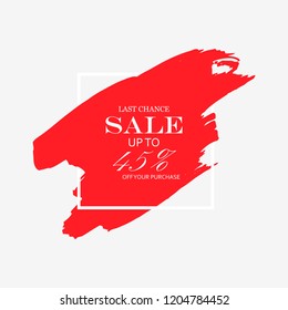 Sale 45% off sign over art red brush acrylic stroke paint abstract texture background vector illustration. Acrylic paint brush stroke. Grunge ink brush stroke. Sale layout design for shop and banner.