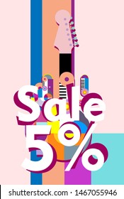 sale 5%, beautiful greeting card background or banner with colorful music theme. design vector illustration