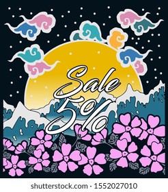sale 5%, beautiful greeting card background or banner with sea and flower theme. design illustration