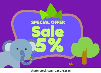 sale 5%, beautiful greeting card background or template banner with cute baby animal character theme. vector design illustration