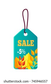 Sale -5% blue label with lace, sticker with text placed on it and collection of various autumn leaves on vector illustration isolated on white