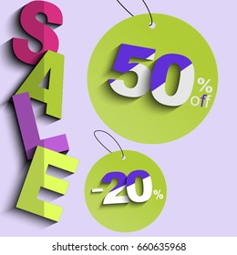 Sale 50% and 20% off banner, poster, flyer. Template vector illustration cartoon design flat with long shadows. Discount promotion best offer super sale black Friday day high quality modern colorful 