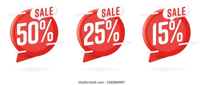 Sale 50, 25 and 15 percent off promotion. Red tag label with speech bubble design vector illustration. Special discount with different value price label for retail market