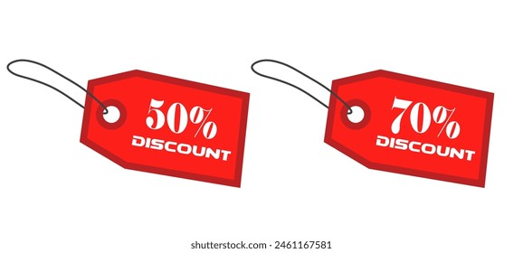 Sale up to 50, 70 percent off special offer tag label. Bright discount badge template with half price clearance information for cheap product purchase vector illustration