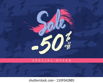 
Sale - 50% banner on a dark blue grunge background. Vector illustration. Banner Template