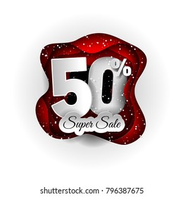 Sale 50% banner original design white and red and snow. Paper art craft style