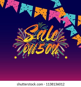 sale 50%, beautiful greeting card background or banner with firework theme. vector