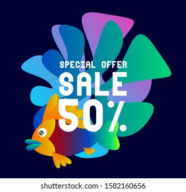 sale 50%, beautiful greeting card background or template banner with colorful ocean theme. design vector illustration
