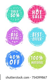 Sale 50% best hot big deal offer 100% natural choice special offer promo stickers round labels brush strokes vector illustration stamps text isolated