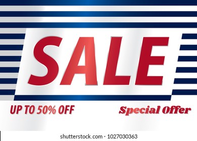 Sale 50 % Discount Special Offer 90's Package Style Glossy Gradient Shopping Creative Concept - Blue and Red Elements on White Stripes Background - Vector Graphic Design