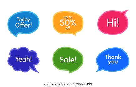 Venta, 50% de descuento y hoy oferta. Burbujas de chat coloridas. Gracias frase. Venta de texto de compra. Mensajes de conversación con frases. El texto de las burbujas de pensamiento. Vector