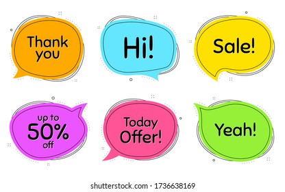 Sale, 50% discount and today offer. Thought chat bubbles. Thank you, hi and yeah phrases. Sale shopping text. Chat messages with phrases. Colorful texting thought bubbles. Vector