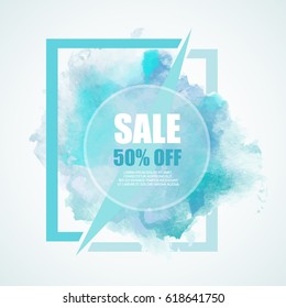 Sale -50% discount vector banner with watercolor colorful splashes. Spring sale banner for online shopping, advertising actions, magazines and websites. 