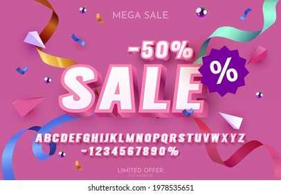 Sale -50% Font Set Collection, Letters And Numbers Symbol. Vector Illustration