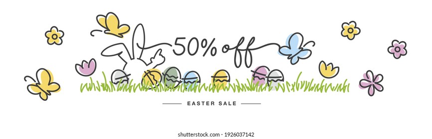 Sale 50% handwritten typography. Easter white background with butterfly, rabbit and spring flowers colorful eggs in a pattern of green grass