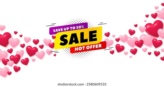 Sale 50 love banner with 3d hearts. Flying hearts background. Sale 50 percent off banner. Discount sticker shape. Hot offer icon. Valentines day greeting card. Vector