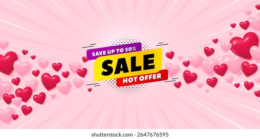 Sale 50 love banner with 3d hearts. Sunburst flare background. Sale 50 percent off banner. Discount sticker shape. Hot offer icon. Valentines day greeting card. Vector