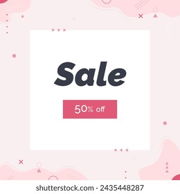 Sale 50% off in abstract, geometric Memphis style. Pink banner, flyer, marketing mega discount, special offer.