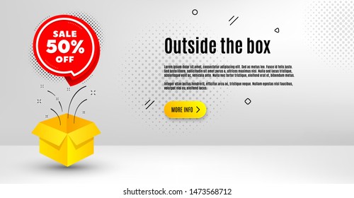 Sale 50% off badge. Abstract background. Discount banner shape. Coupon bubble icon. Outside the box concept. Banner with offer badge. Vector