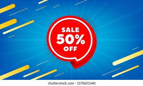 Sale 50% off badge. Discount banner shape. Coupon bubble icon. Abstract background. Modern concept design. Banner with offer badge. Vector