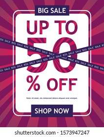 Sale 50% off badge. Discount banner shape. Abstract header colors gradient wave vector design. Abstract swoosh background. Big sale corporate business banner web template. Vector EPS 10