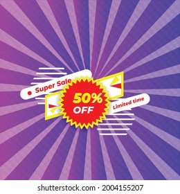 Sale 50% off badge. Discount banner shape. Coupon bubble icon. Abstract background. Modern concept design. Banner with offer badge. Vector