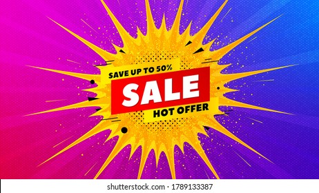 Sale 50% off badge. Flare light flash banner. Discount banner shape. Hot offer icon. Gradient shape background. Promotional flyer design. Sale 50% promotion. Vector