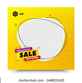 50 % Rabatt auf Badge verkaufen. Gelbe Banner-Vorlage. Rabatt auf die Bannerform. Hot Offerte Symbol. Banner in sozialen Medien mit Chat-Blase. Online-Shopping-Web-Vorlage. Verkaufe 50% Promotion-Blase. Vektorillustration