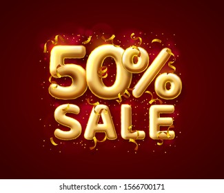Sale 50 off ballon number on the red background. Vector illustration