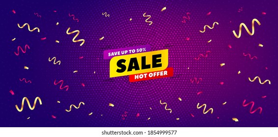 Sale 50% off banner. Festive confetti background with offer message. Discount sticker shape. Hot offer icon. Best advertising confetti banner. Sale 50% badge shape. Celebrate party background. Vector