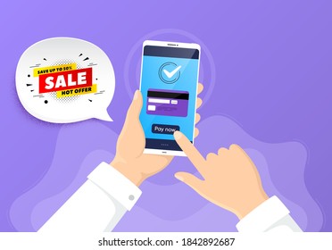 Sale 50% Off Banner. Pay By Credit Card From Phone. Discount Sticker Shape. Hot Offer Icon. Sale 50% Badge. Online Payment By Credit Card. Hand Hold Smartphone. Vector