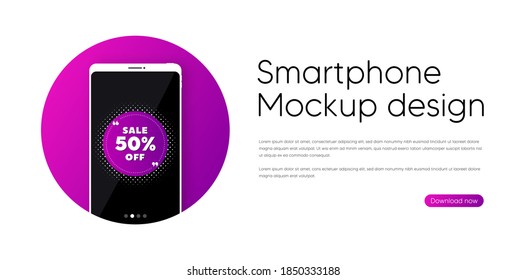 Sale 50% off banner. Phone vector mockup banner. Discount sticker shape. Coupon bubble icon. Smartphone mockup in circle. Sale 50% banner. Phone screen frame. Mobile background. Vector