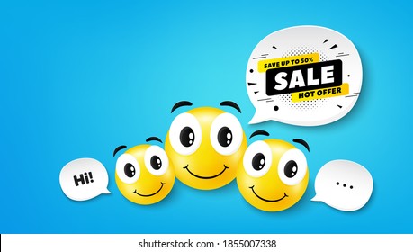 Sale 50% off banner. Smile face with speech bubble. Discount sticker shape. Coupon tag icon. Smile face character. Sale 50% speech bubble icon. Chat background. Vector