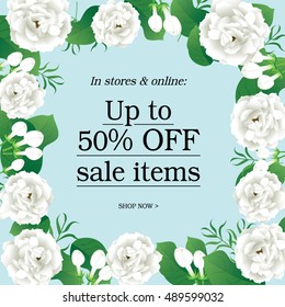 Sale 50% off banner template,Thai White Jasmine Flower on blue background ,Vector Illustration