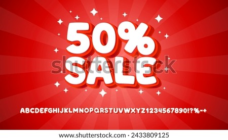 Sale 50 off color red font. English alphabet and numbers sign. Vector illustration