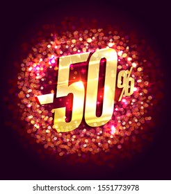 Sale up to 50% off, holiday banner with sparkles backdrop and golden lettering