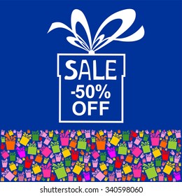  Sale 50% Off Label. Colorful gift boxes.  Vector illustration