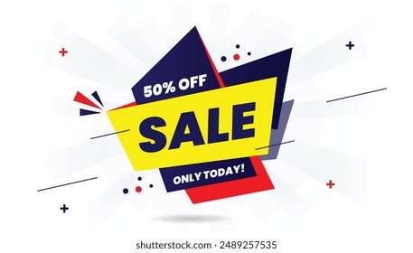 Sale 50% Off Only Today banner template design with white background, blue, yellow, and red shapes perfect for limited-time promotions