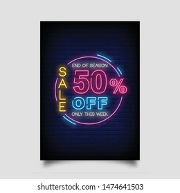 Sale Up to 50% off for poster in neon style. light banner, invitation card, flyer, posters