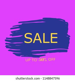 Sale 50% off sign over art blue brush acrylic stroke paint abstract texture background vector illustration. Acrylic paint brush stroke. Grunge ink brush stroke. Sale layout design for shop and banner.