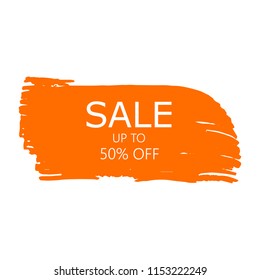 Sale 50% off sign over art orange brush acrylic stroke paint abstract texture background vector illustration. Acrylic paint brush stroke.Grunge ink brush stroke. Sale layout design for shop and banner