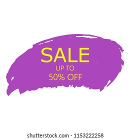 Sale 50% off sign over art purple brush acrylic stroke paint abstract texture background vector illustration. Acrylic paint brush stroke.Grunge ink brush stroke. Sale layout design for shop and banner