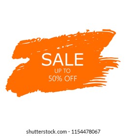 Sale 50% off sign over art orange brush acrylic stroke paint abstract texture background vector illustration. Acrylic paint brush stroke.Grunge ink brush stroke. Sale layout design for shop and banner