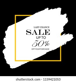 Sale 50% off sign over art white brush acrylic stroke paint abstract texture background vector illustration. Acrylic paint brush stroke. Grunge ink brush stroke. Sale layout design for shop and banner